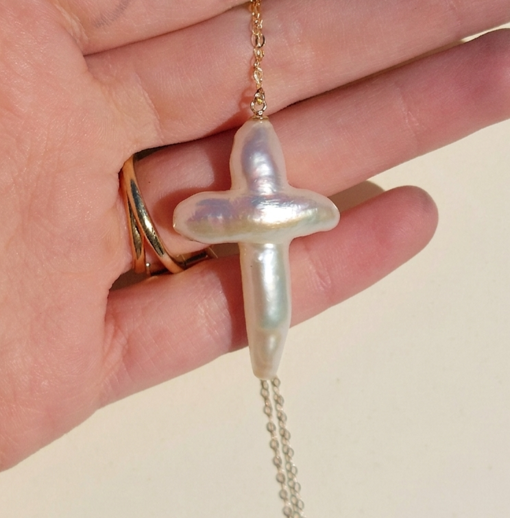 Freshwater pearl cross necklace